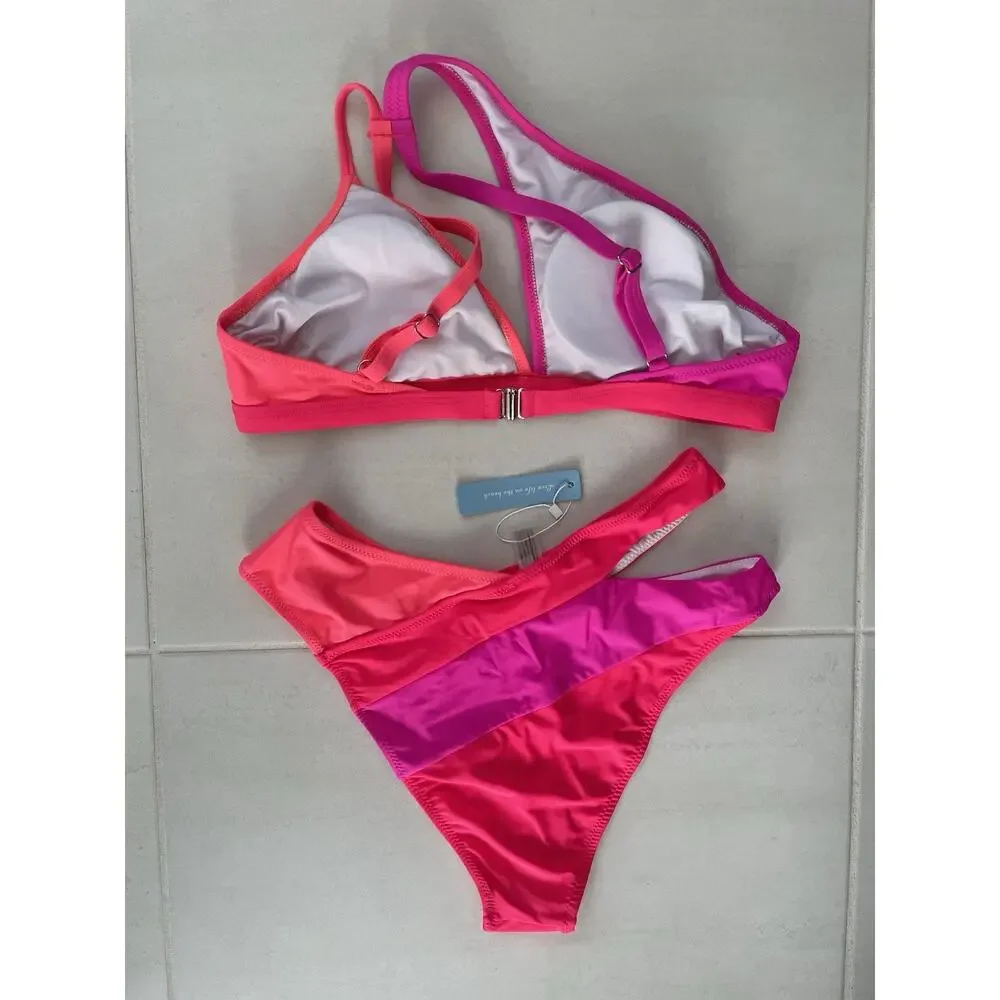 Popvil Swim Bikini Set Colorblock Asymmetric Swimwear Beach Summer